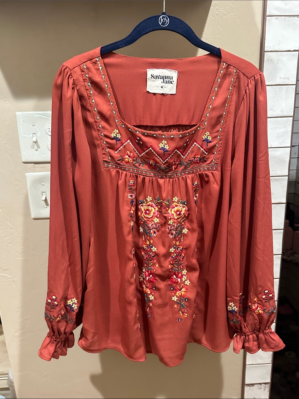 Savanna Jane Rust Orange Embroidered Boho Blouse